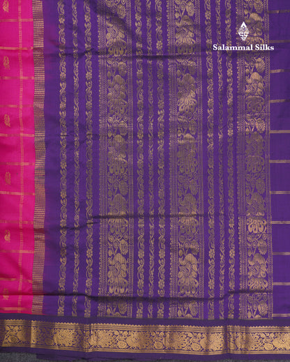 Magenta Pink  Beautiful Kattam Butta Semi Silk Cotton Saree With Violet Traditional Korvai Border