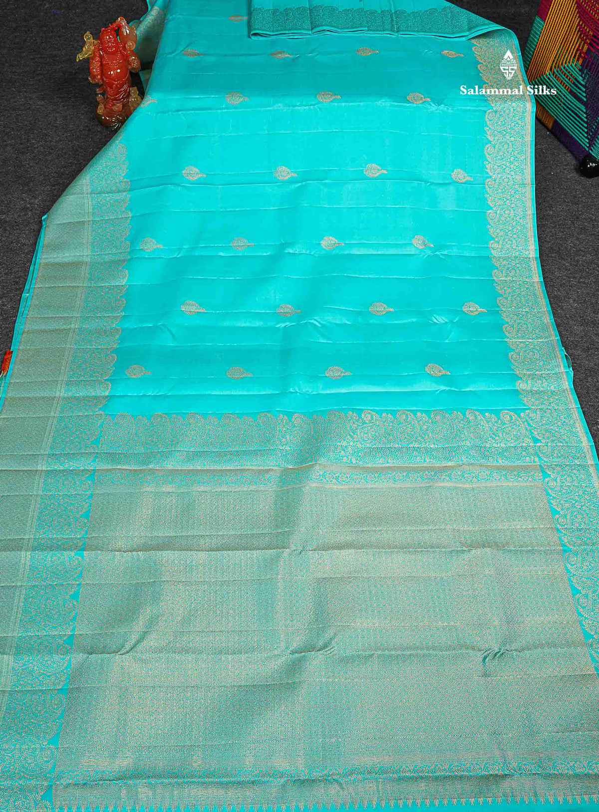 Pure Kanjivaram Silk Saree - Aqua Blue Colour Body Butta With Turning Border