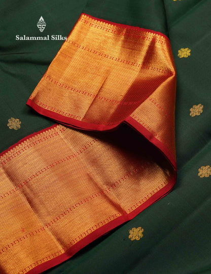 Korvai Beautiful Bottle Green Pure Kanjivaram Silk Saree With Contrast Maroon Traditional Border