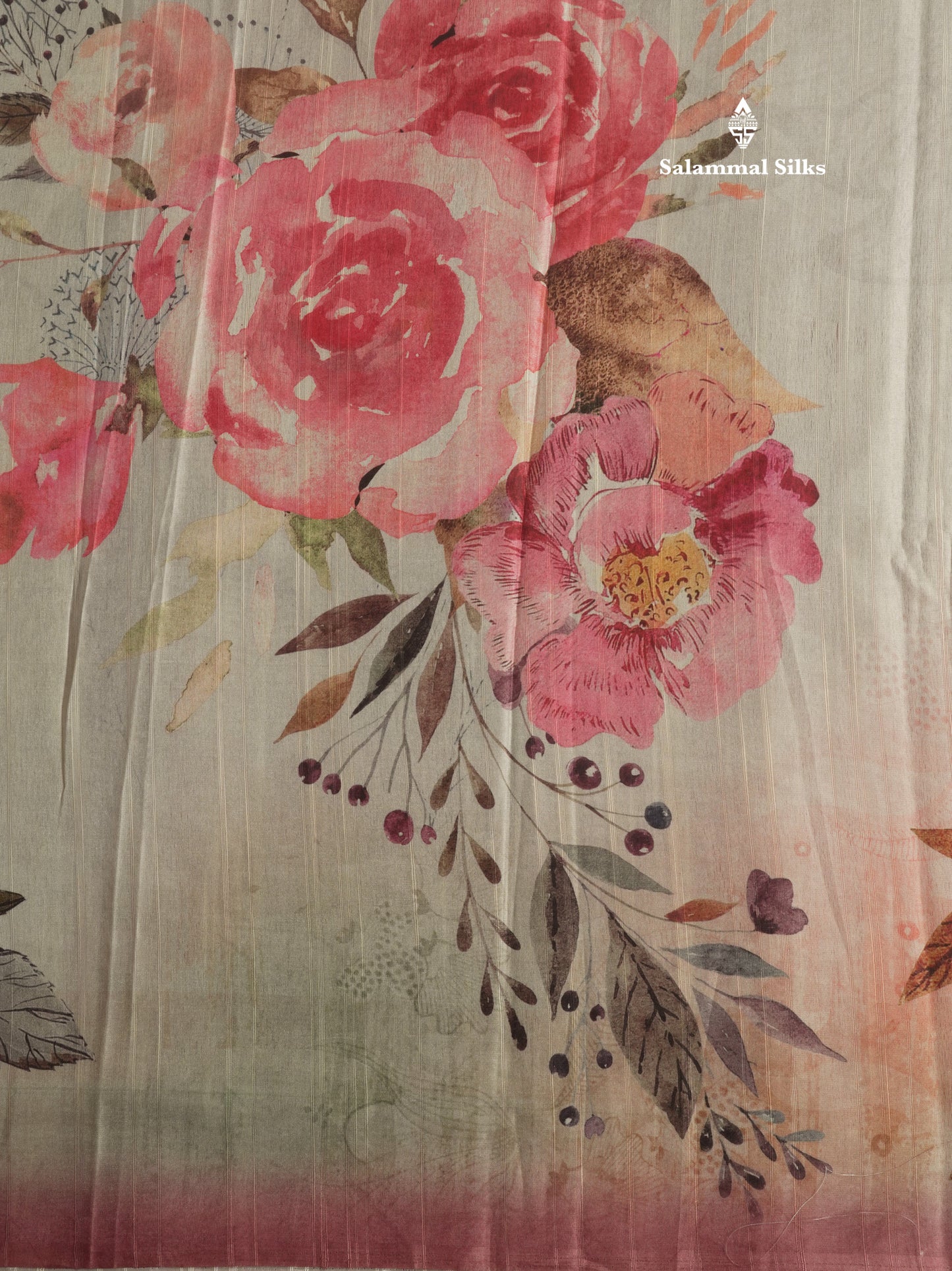 Light Pink Floral Printed Design Semi Tussar Saree With Contrast Blouse