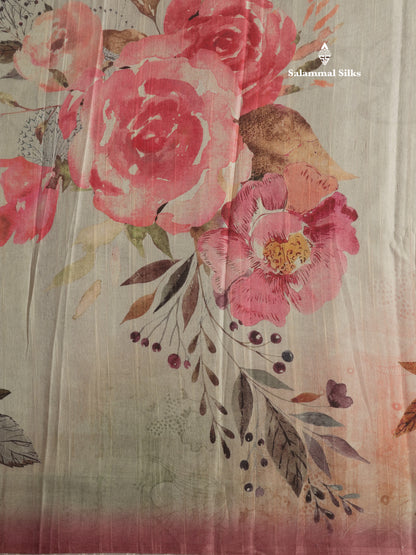 Light Pink Floral Printed Design Semi Tussar Saree With Contrast Blouse