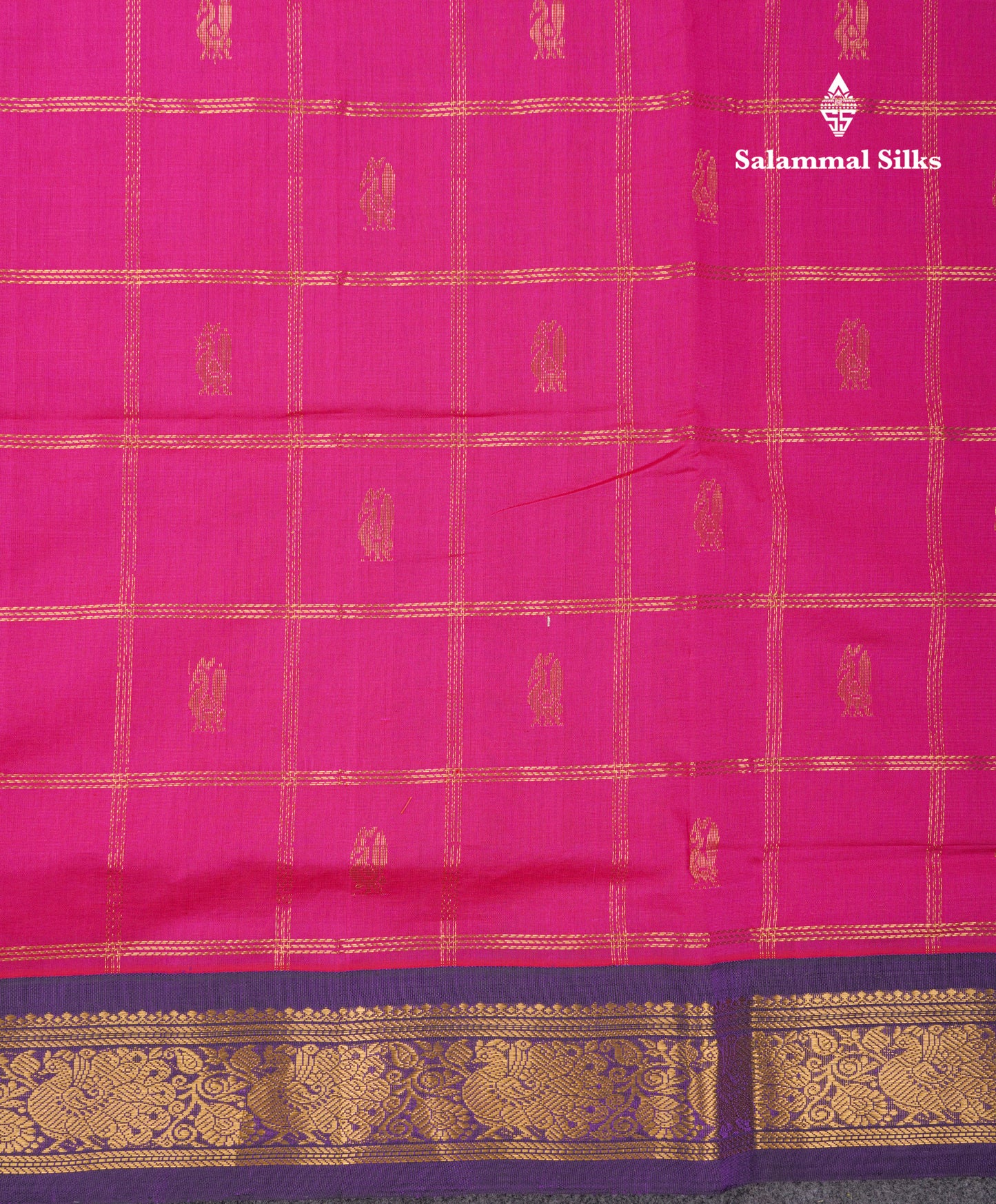 Magenta Pink  Beautiful Kattam Butta Semi Silk Cotton Saree With Violet Traditional Korvai Border