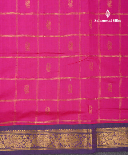 Magenta Pink  Beautiful Kattam Butta Semi Silk Cotton Saree With Violet Traditional Korvai Border