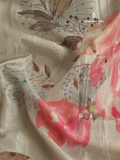 Light Pink Floral Printed Design Semi Tussar Saree With Contrast Blouse