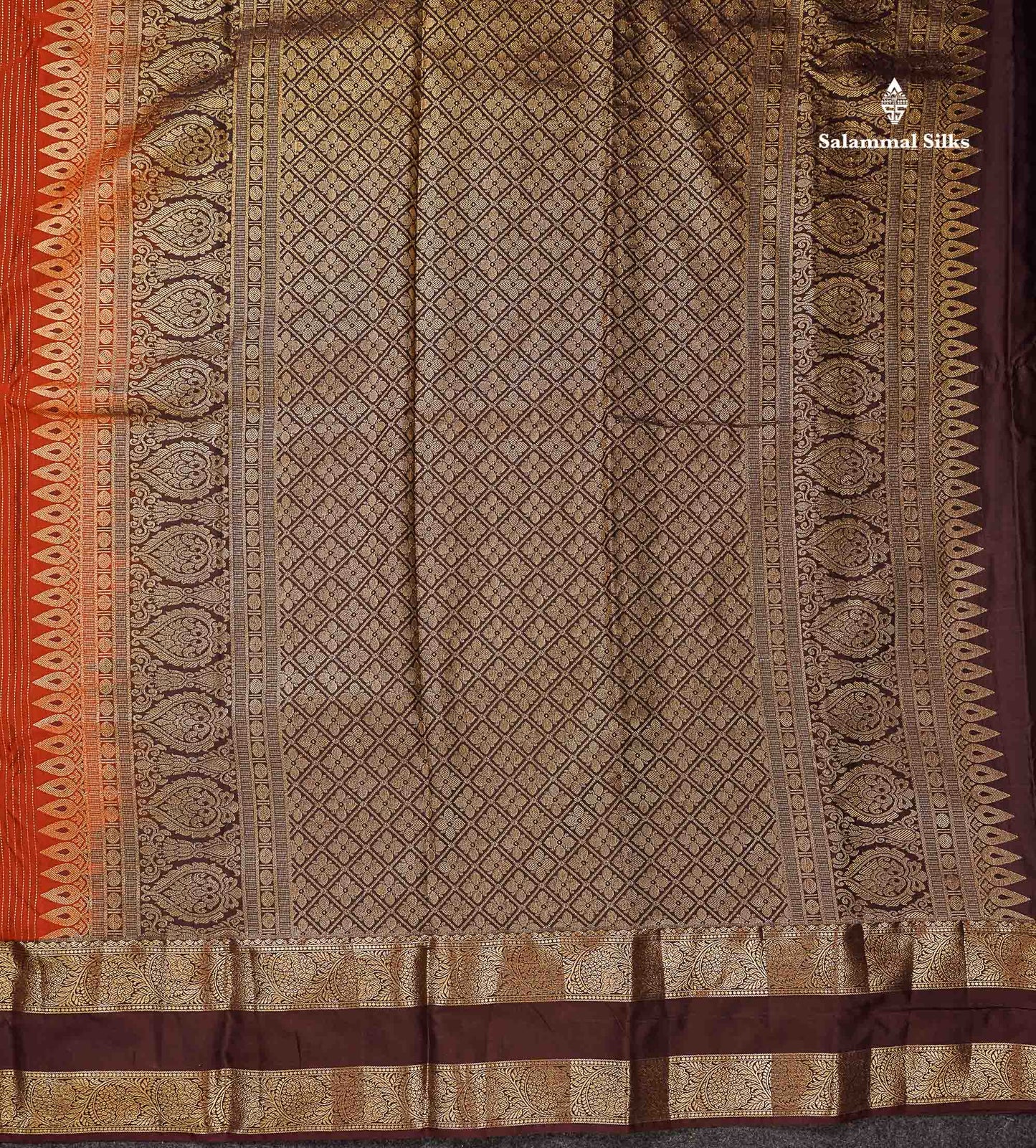 Beautiful Rust Orange Zari Line With Butta Semi Silk Saree With Contrast Dark Brown Traditional Gap Border