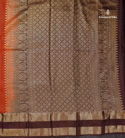 Beautiful Rust Orange Zari Line With Butta Semi Silk Saree With Contrast Dark Brown Traditional Gap Border