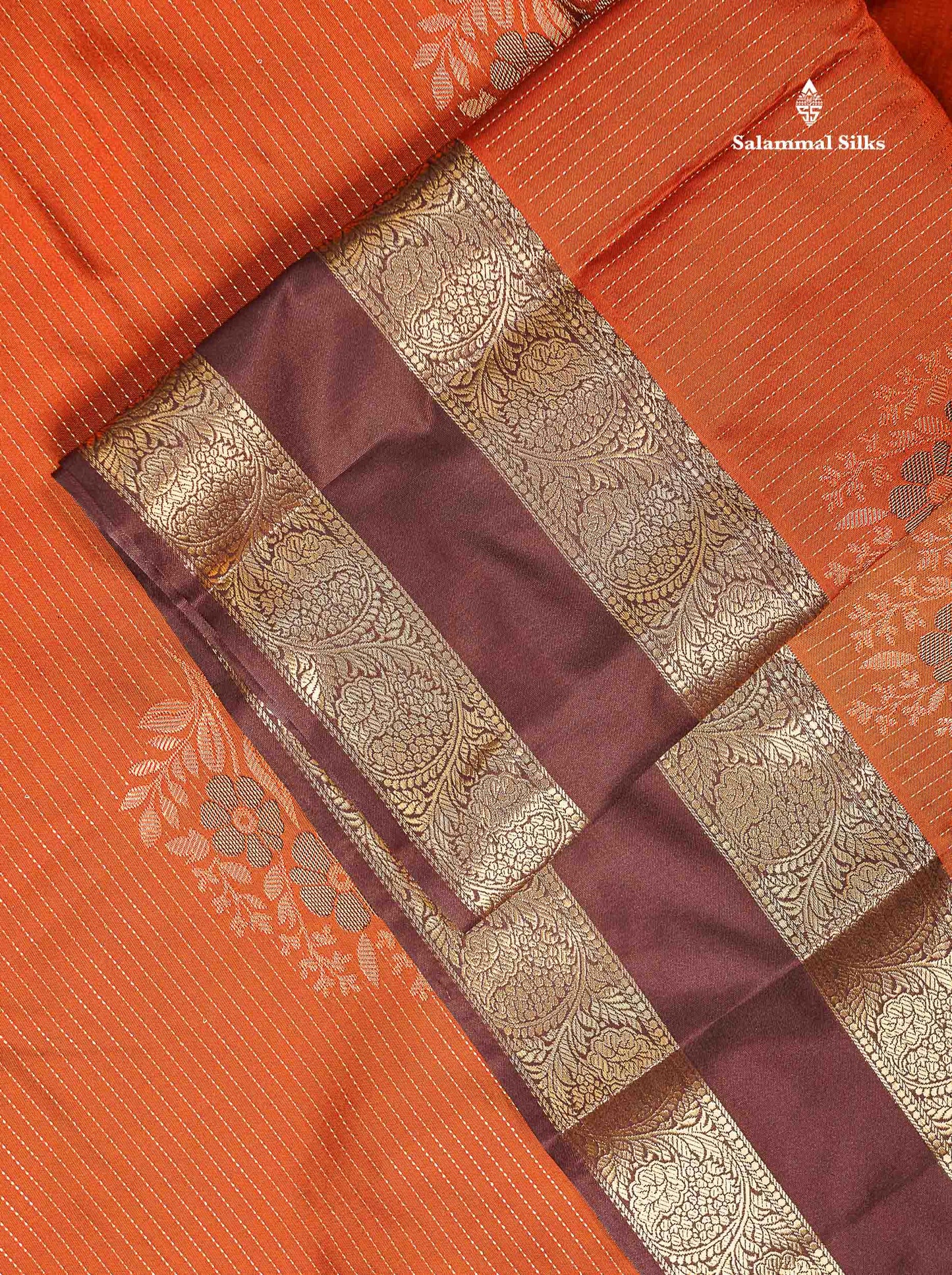 Beautiful Rust Orange Zari Line With Butta Semi Silk Saree With Contrast Dark Brown Traditional Gap Border