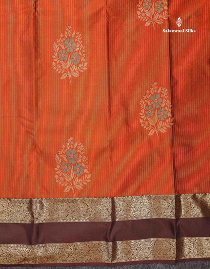 Beautiful Rust Orange Zari Line With Butta Semi Silk Saree With Contrast Dark Brown Traditional Gap Border