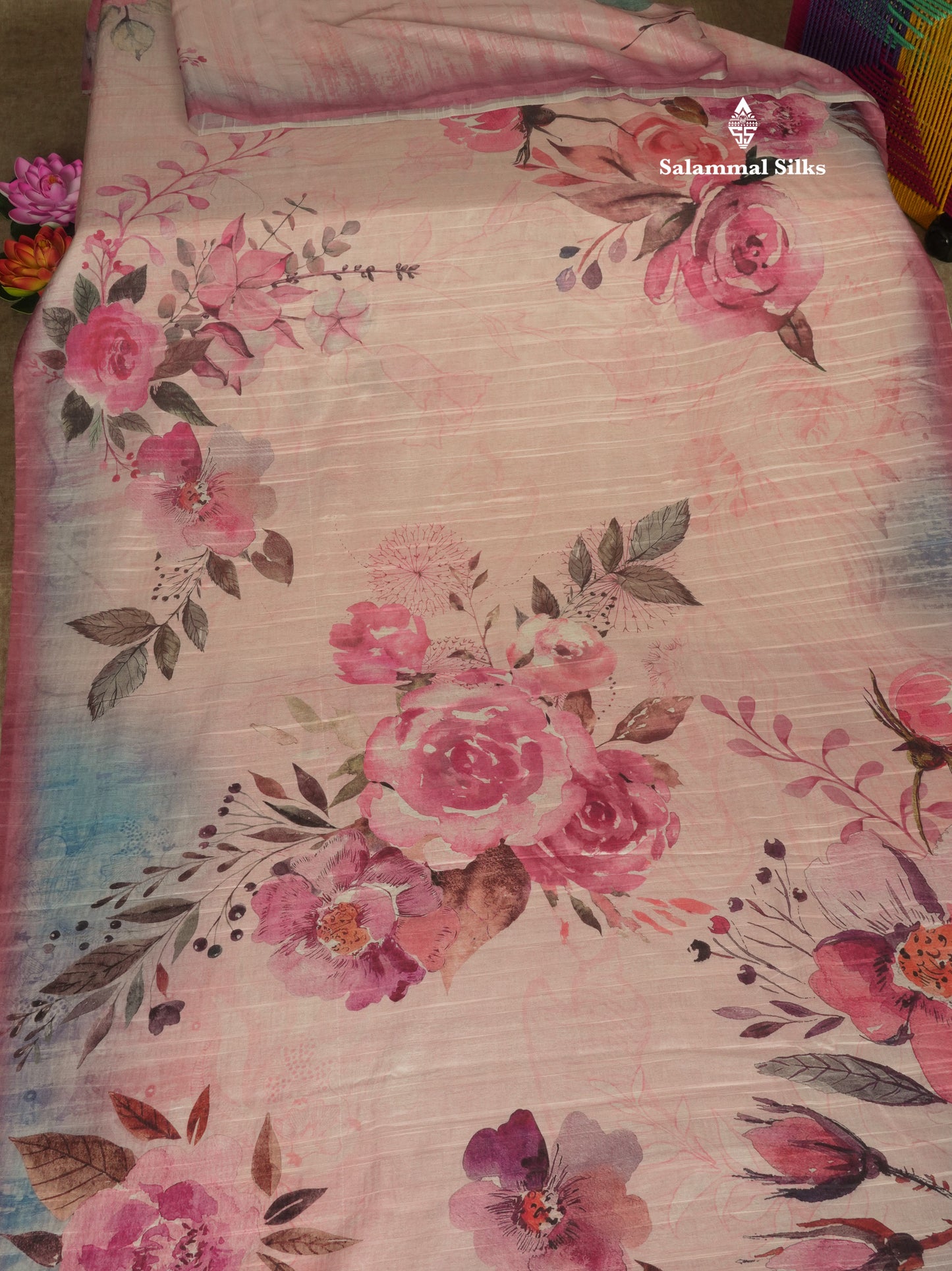 Light Pink Floral Printed Design Semi Tussar Saree With Contrast Blouse