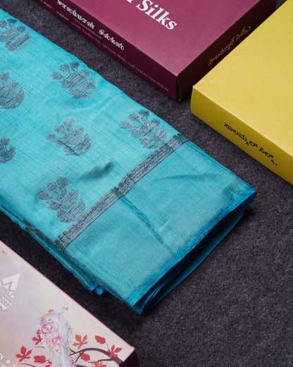 Beautiful Sky Blue Semi Raw Silk Saree With Fancy Border