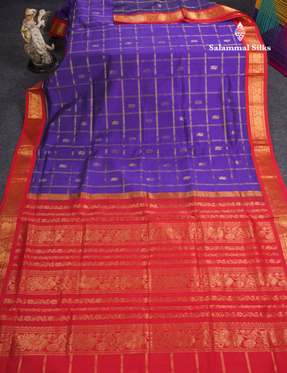 Magenta Pink  Beautiful Kattam Butta Semi Silk Cotton Saree With Violet Traditional Korvai Border