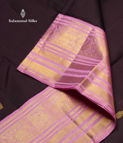 Korvai Beautiful Dark Violet Pure Kanjivaram Silk Saree With Contrast Light Pink Traditional Border