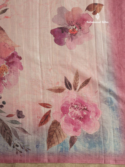 Light Pink Floral Printed Design Semi Tussar Saree With Contrast Blouse