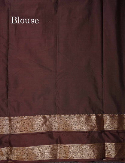 Beautiful Rust Orange Zari Line With Butta Semi Silk Saree With Contrast Dark Brown Traditional Gap Border