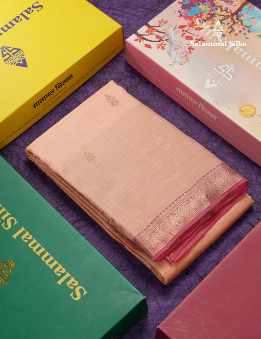 Beautiful Peach Puremix Silk Saree With Contrast Baby Light Traditional Small Border