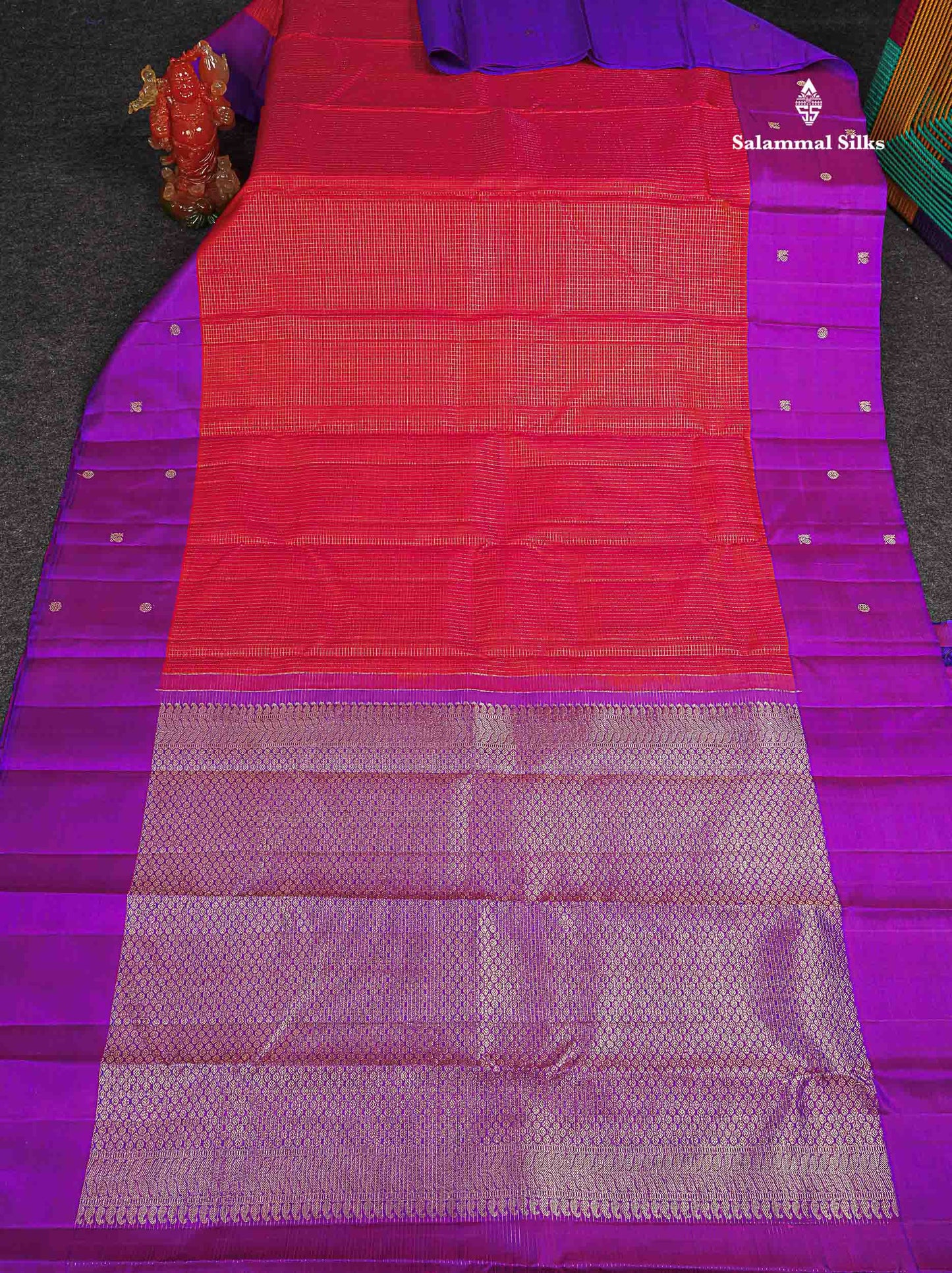 Pure Kanjivaram Silk Saree - Redish Pink Colour Body Checks With Contrast Purple Fancy Border