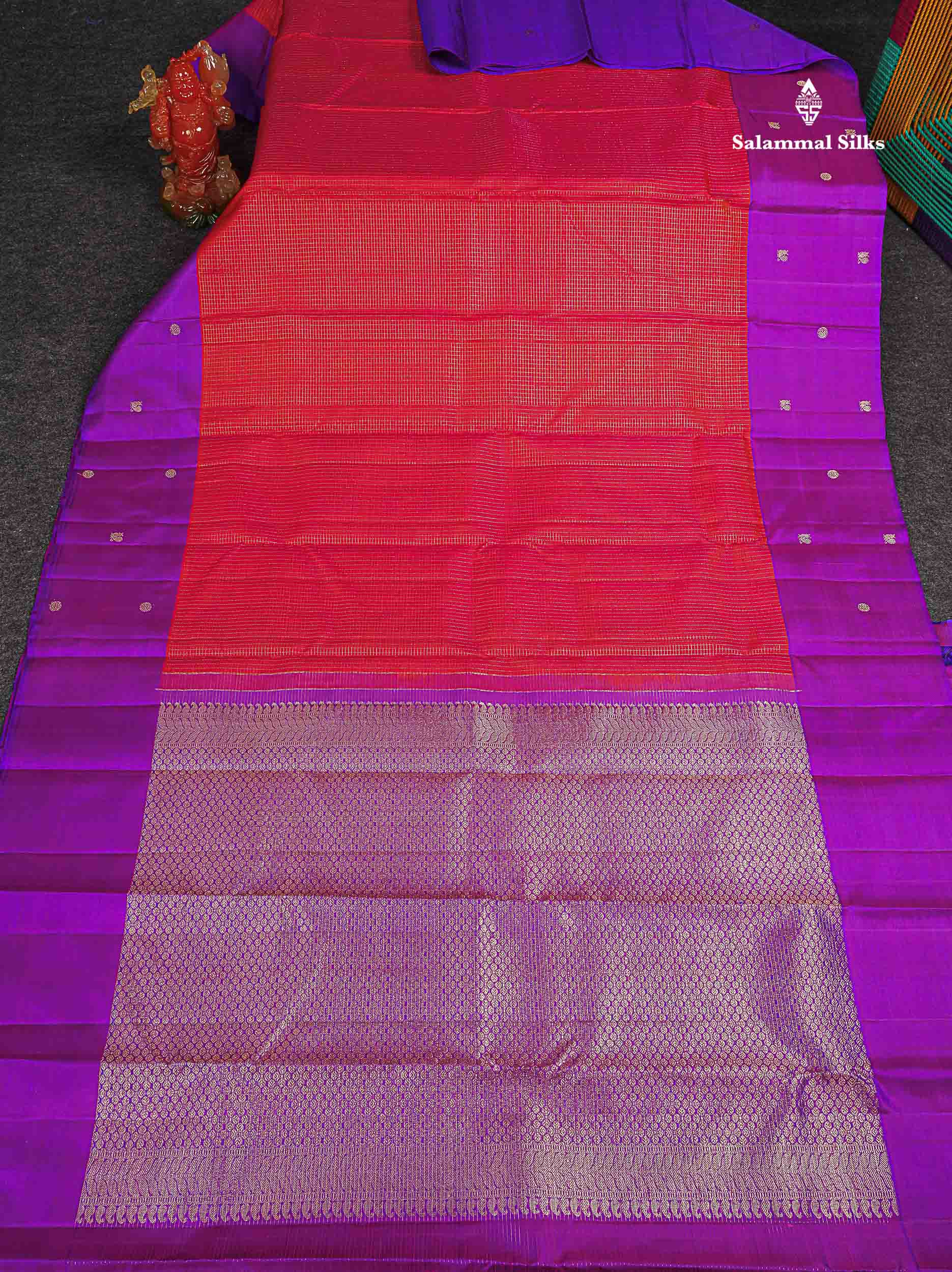 Pure Kanjivaram Silk Saree - Redish Pink Colour Body Checks With Contrast Purple Fancy Border