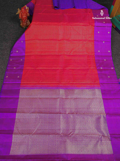Pure Kanjivaram Silk Saree - Redish Pink Colour Body Checks With Contrast Purple Fancy Border