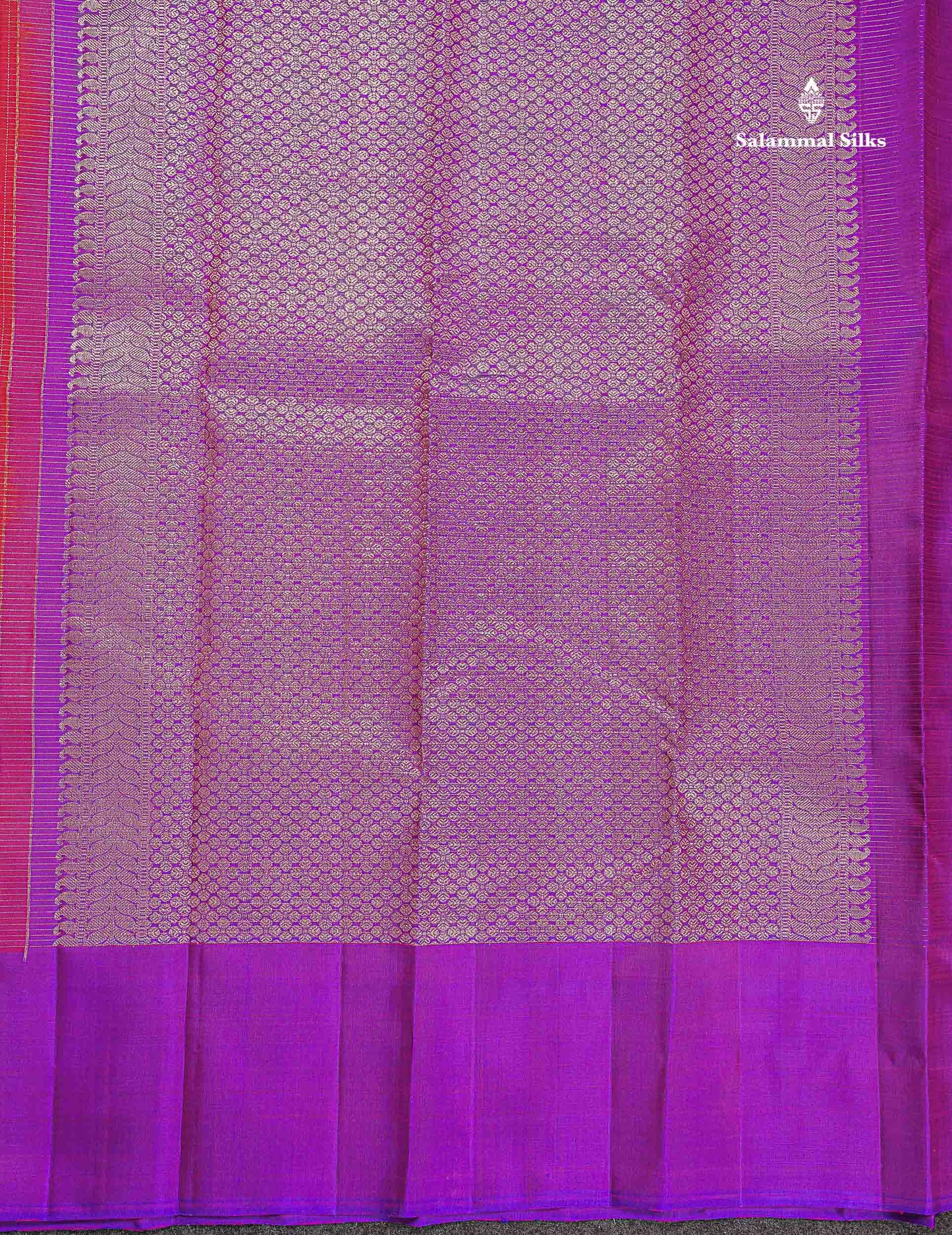 Pure Kanjivaram Silk Saree - Redish Pink Colour Body Checks With Contrast Purple Fancy Border