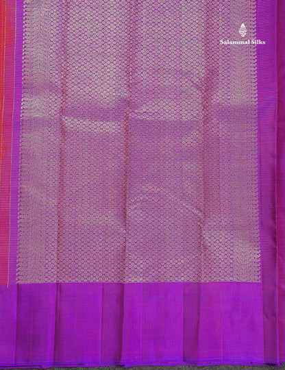 Pure Kanjivaram Silk Saree - Redish Pink Colour Body Checks With Contrast Purple Fancy Border
