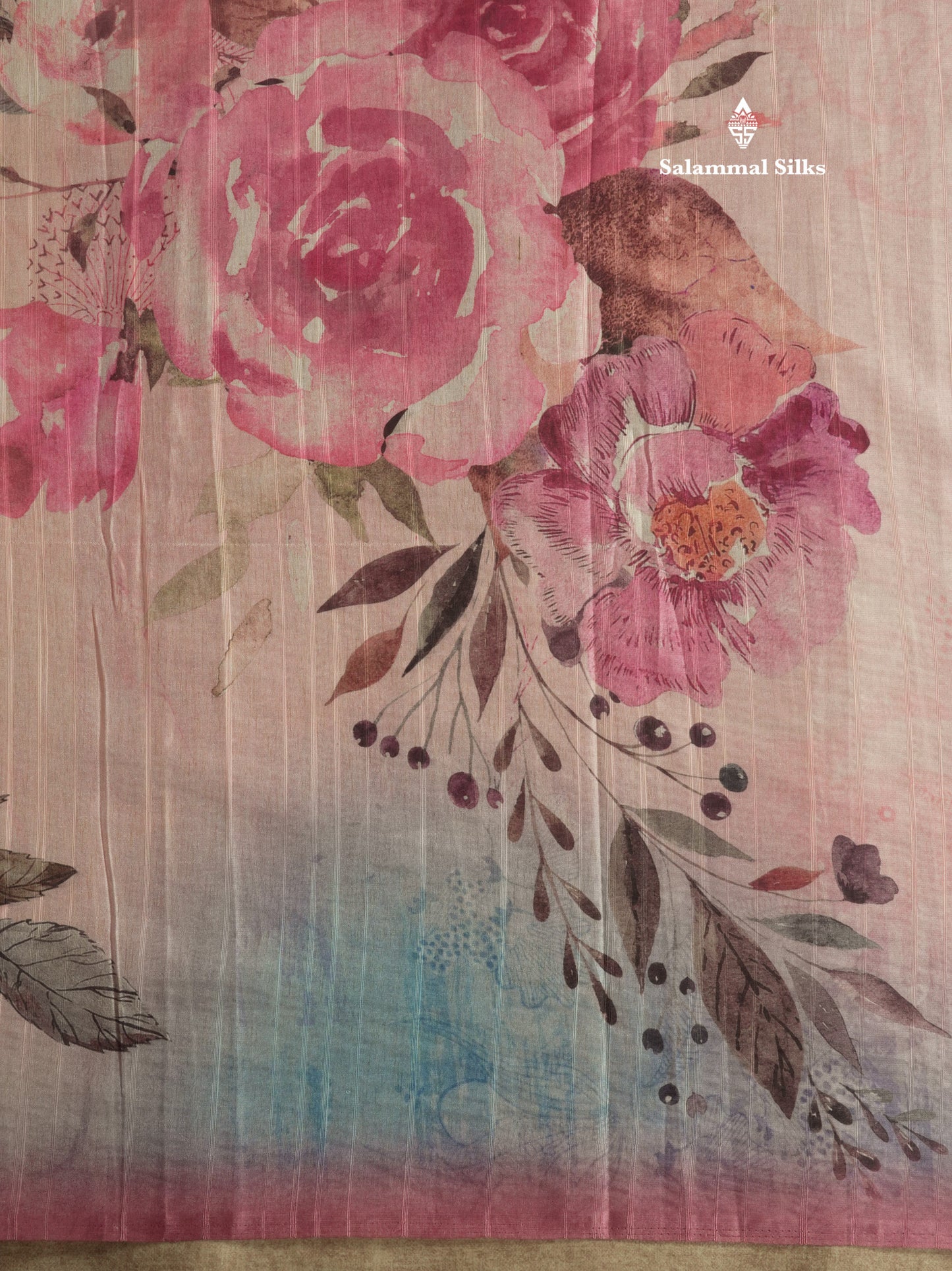 Light Pink Floral Printed Design Semi Tussar Saree With Contrast Blouse