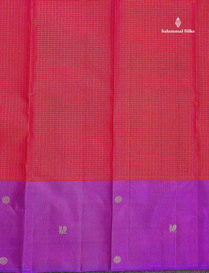 Pure Kanjivaram Silk Saree - Redish Pink Colour Body Checks With Contrast Purple Fancy Border