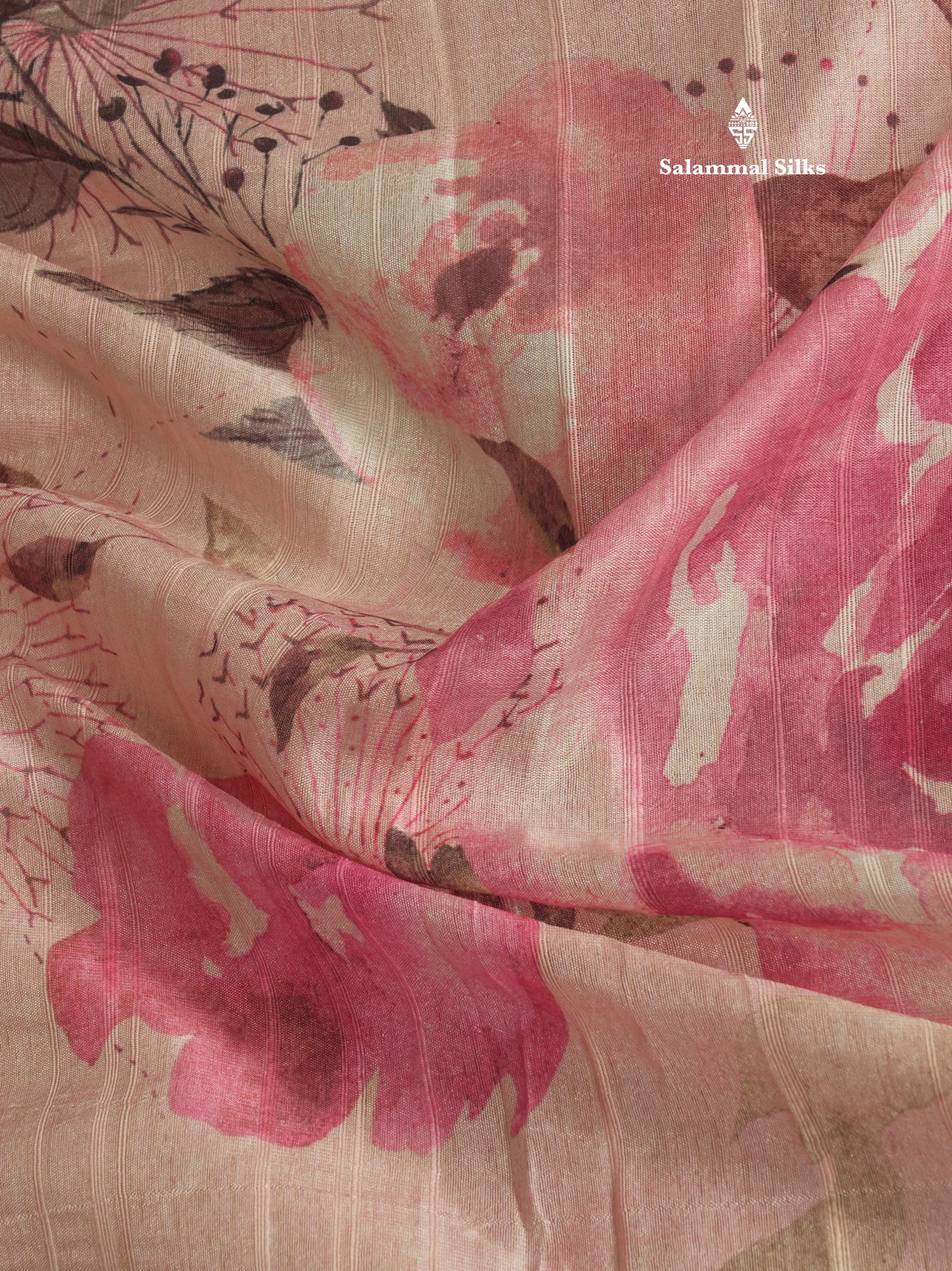 Light Pink Floral Printed Design Semi Tussar Saree With Contrast Blouse