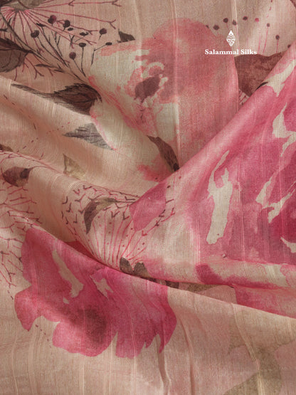 Light Pink Floral Printed Design Semi Tussar Saree With Contrast Blouse