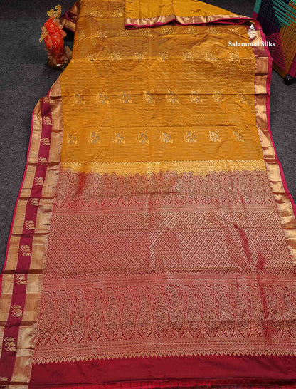 Beautiful Olive Mustard Yellow Zari Line Butta Semi Silk Saree With Contrast Maroon Traditional Evening Morning Gap Border