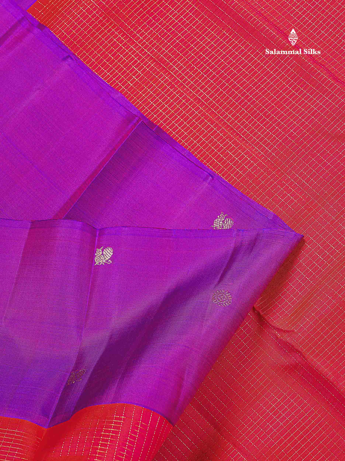 Pure Kanjivaram Silk Saree - Redish Pink Colour Body Checks With Contrast Purple Fancy Border