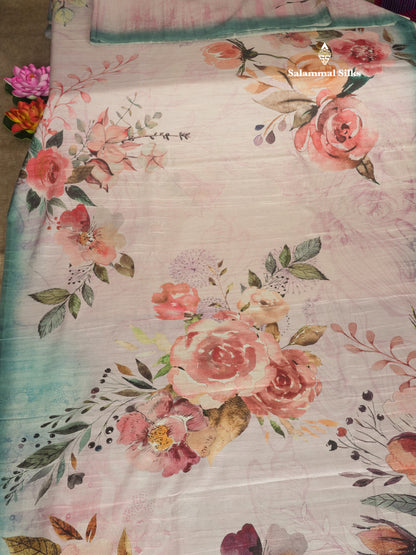 Light Pink Floral Printed Design Semi Tussar Saree With Contrast Blouse