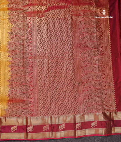 Beautiful Olive Mustard Yellow Zari Line Butta Semi Silk Saree With Contrast Maroon Traditional Evening Morning Gap Border