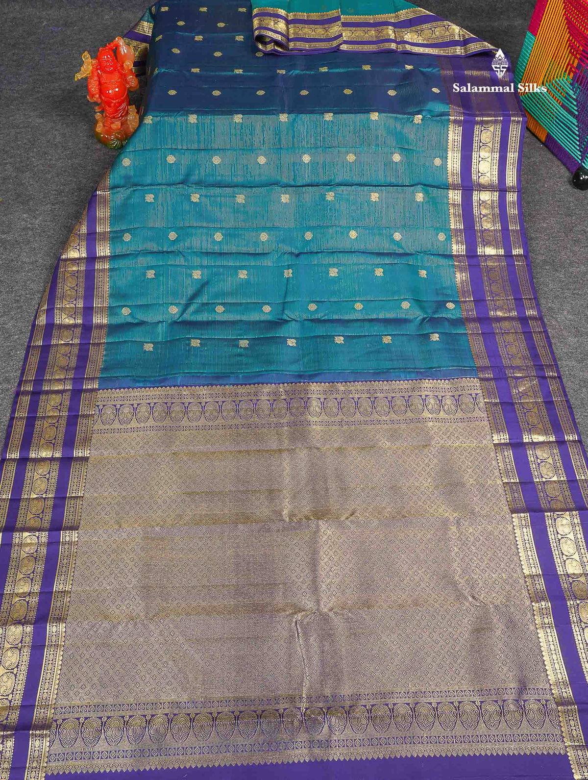 Pure Kanjivaram Silk Saree - Teal Blue Colour Body Vaira Oosi Lines With Butta & Contrast Navy Blue Border