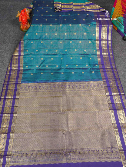 Pure Kanjivaram Silk Saree - Teal Blue Colour Body Vaira Oosi Lines With Butta & Contrast Navy Blue Border