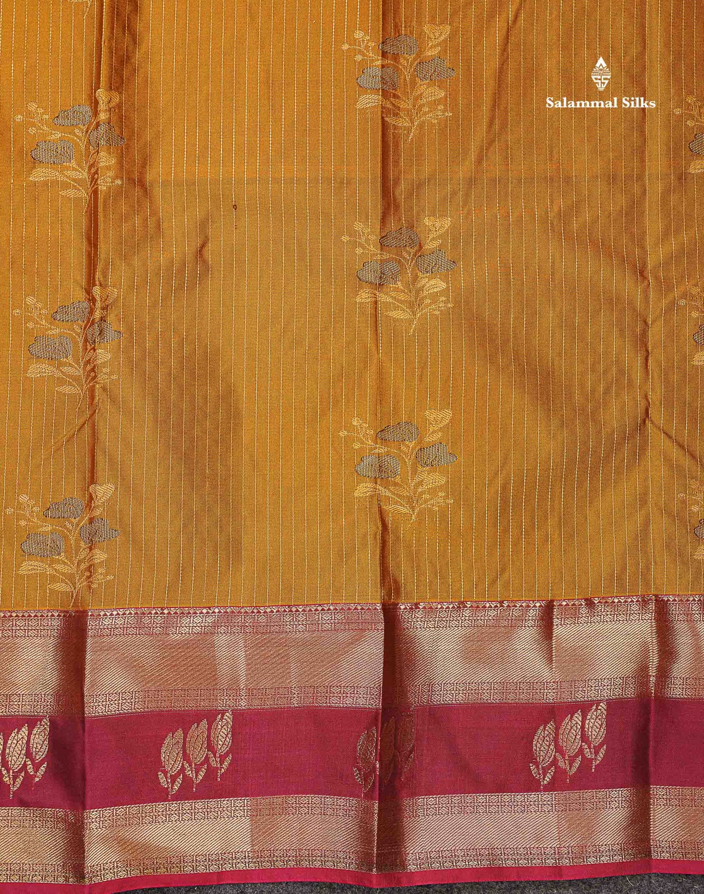 Beautiful Olive Mustard Yellow Zari Line Butta Semi Silk Saree With Contrast Maroon Traditional Evening Morning Gap Border