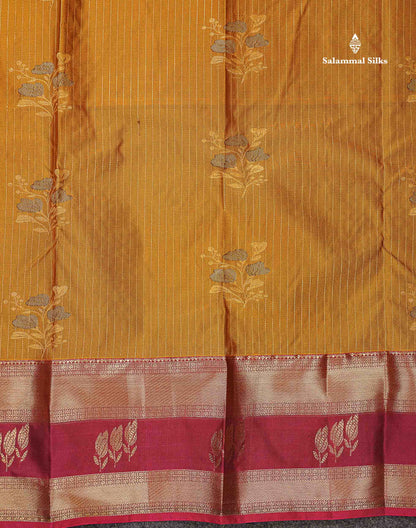 Beautiful Olive Mustard Yellow Zari Line Butta Semi Silk Saree With Contrast Maroon Traditional Evening Morning Gap Border