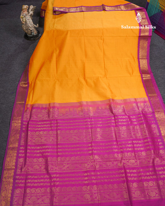 Beautiful Yellow Plain Semi Silk Cotton Saree With Violet Traditional Korvai Border
