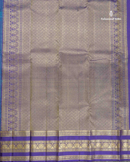 Pure Kanjivaram Silk Saree - Teal Blue Colour Body Vaira Oosi Lines With Butta & Contrast Navy Blue Border