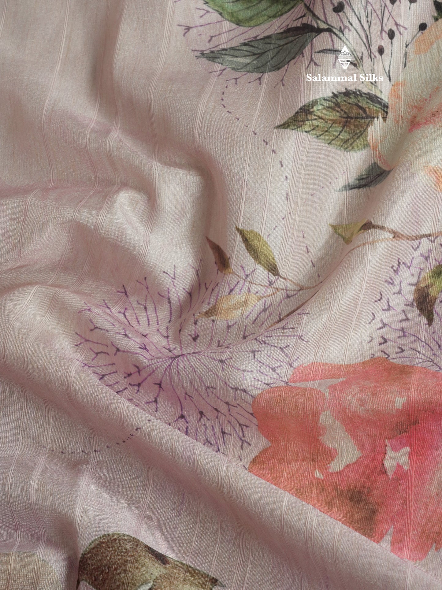 Light Pink Floral Printed Design Semi Tussar Saree With Contrast Blouse
