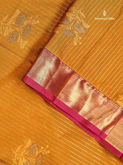Beautiful Olive Mustard Yellow Zari Line Butta Semi Silk Saree With Contrast Maroon Traditional Evening Morning Gap Border