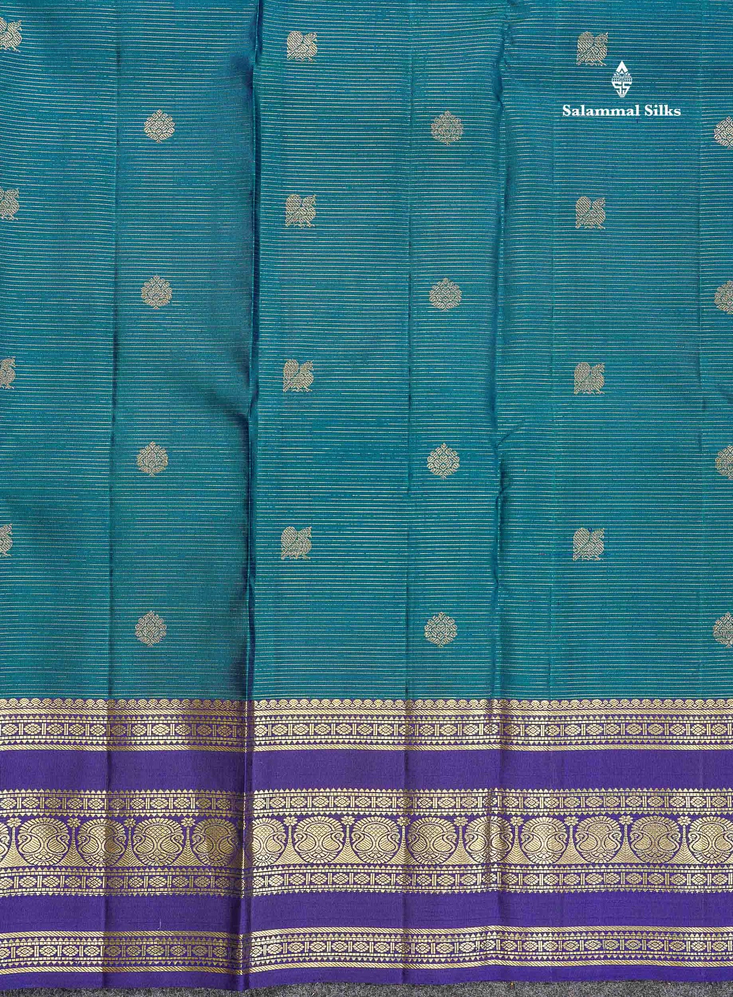 Pure Kanjivaram Silk Saree - Teal Blue Colour Body Vaira Oosi Lines With Butta & Contrast Navy Blue Border