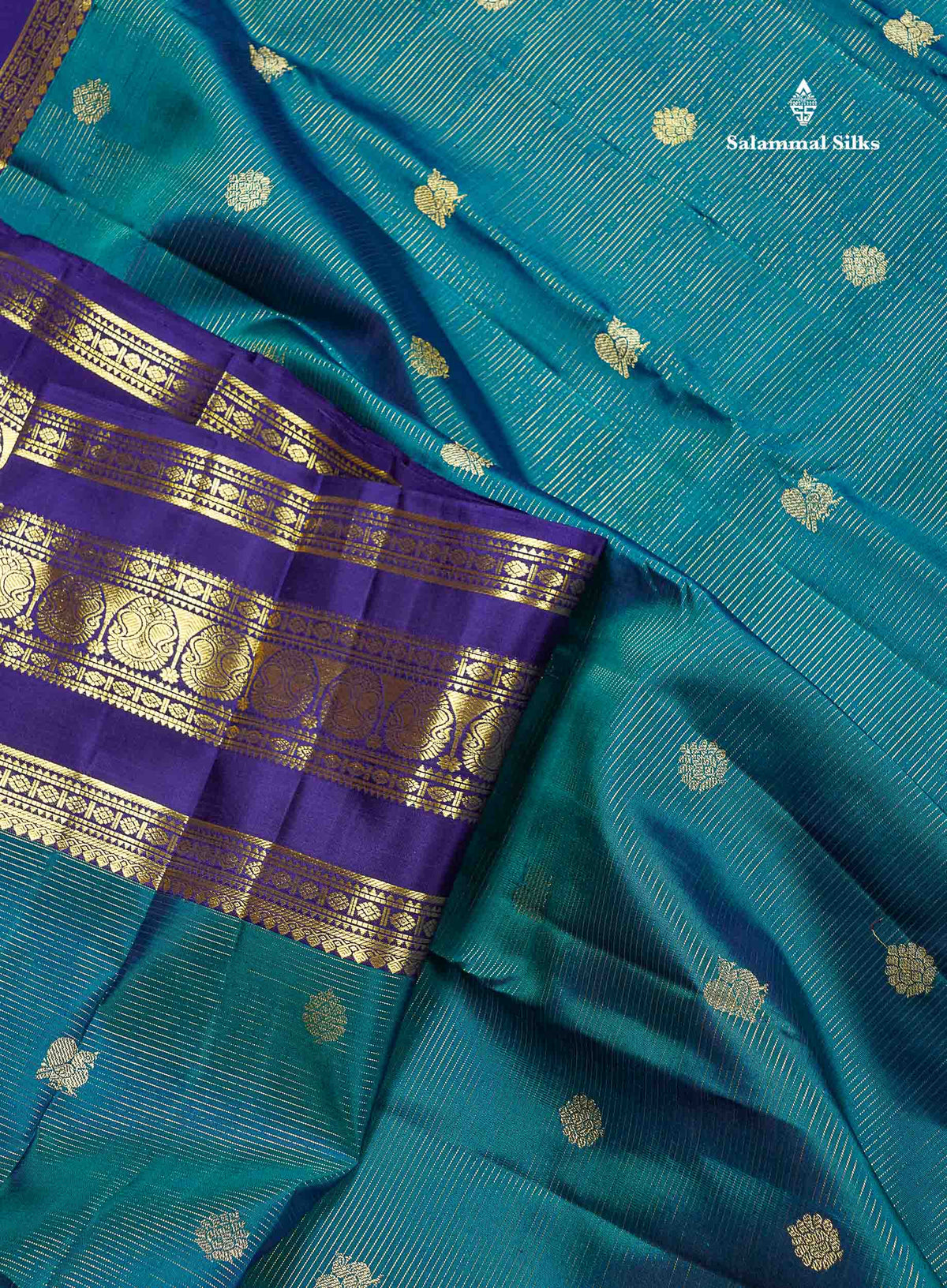 Pure Kanjivaram Silk Saree - Teal Blue Colour Body Vaira Oosi Lines With Butta & Contrast Navy Blue Border