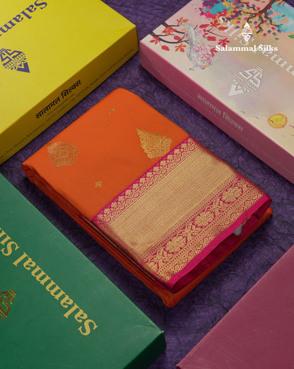 Beautiful Orange Semi Silk Saree With Contrast Pink Traditional Border