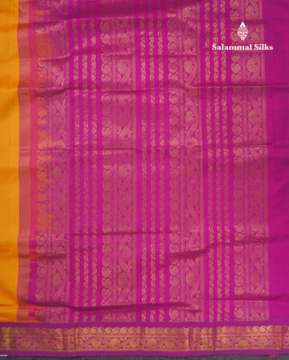Beautiful Yellow Plain Semi Silk Cotton Saree With Violet Traditional Korvai Border