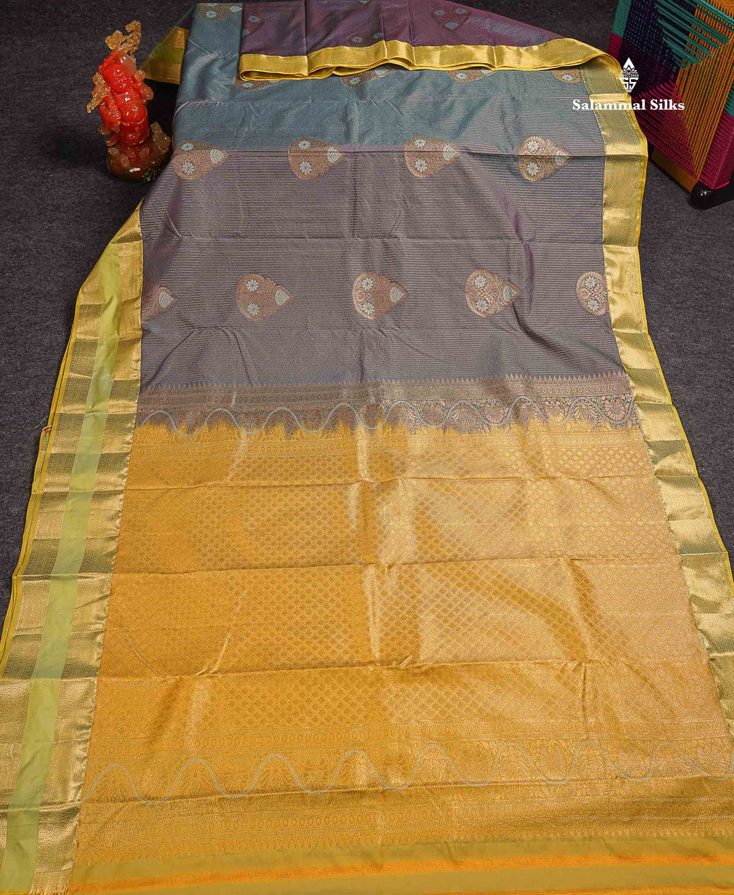 Beautiful Dual Tone Blueish Grey Zari Line With Butta Semi Silk Saree With Contrast Manthulir Green Traditional Evening Morning Gap Border