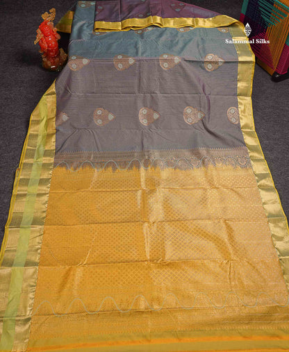 Beautiful Dual Tone Blueish Grey Zari Line With Butta Semi Silk Saree With Contrast Manthulir Green Traditional Evening Morning Gap Border