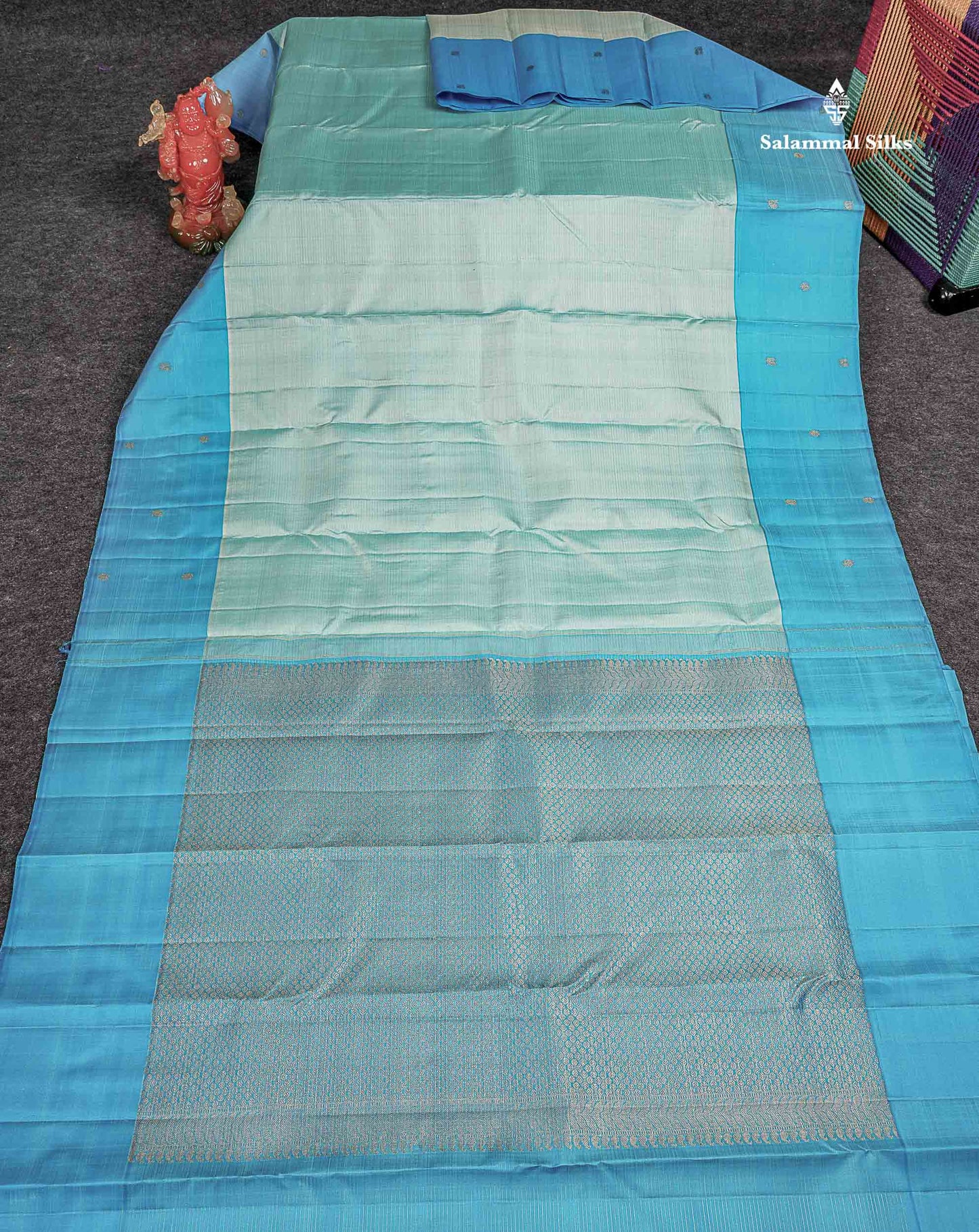 Pure Kanjivaram Silk Saree - Sea Blue Colour Body Checks With Contrast Ananda Blue Fancy Border