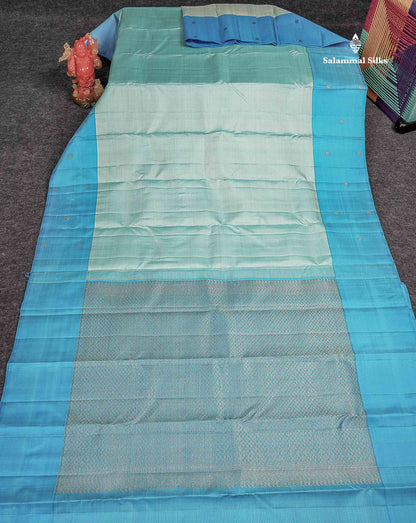 Pure Kanjivaram Silk Saree - Sea Blue Colour Body Checks With Contrast Ananda Blue Fancy Border