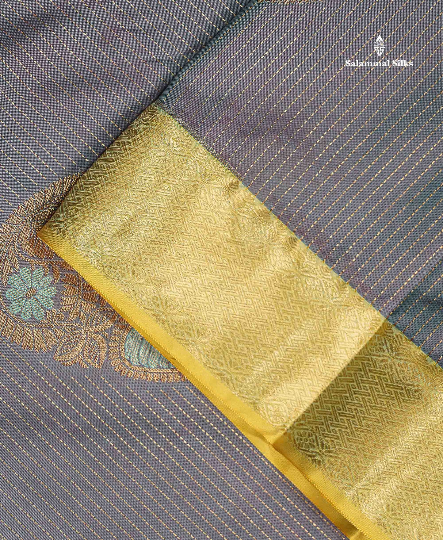 Beautiful Dual Tone Blueish Grey Zari Line With Butta Semi Silk Saree With Contrast Manthulir Green Traditional Evening Morning Gap Border