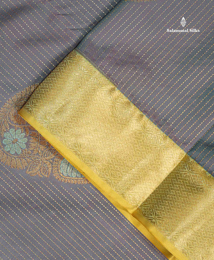 Beautiful Dual Tone Blueish Grey Zari Line With Butta Semi Silk Saree With Contrast Manthulir Green Traditional Evening Morning Gap Border